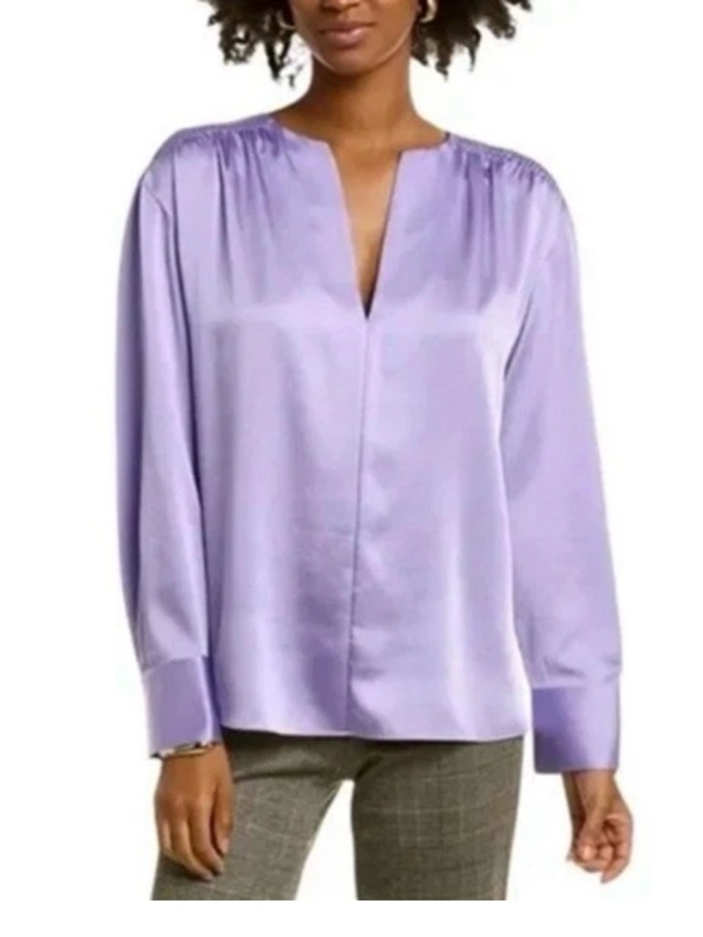 VINCE SMOCKED-SHOULDER SATIN BLOUSE IN‎ LILY STONE size 2X